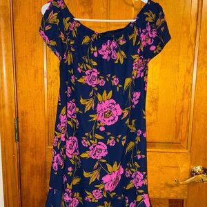 Express Navy Midi Dress with Pink Floral & Mustard Leaves